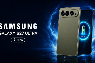 Samsung Galaxy S27 Ultra, rendu concept avec charge rapide 60 W, câble USB-C, fond bleu nuit avec arcs électriques