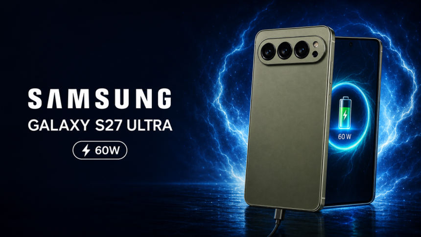 Samsung Galaxy S27 Ultra, rendu concept avec charge rapide 60 W, câble USB-C, fond bleu nuit avec arcs électriques