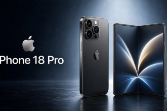 iPhone 18 Pro et iPhone Ultra pliable book-style, rendu concept titane sur fond studio sombre