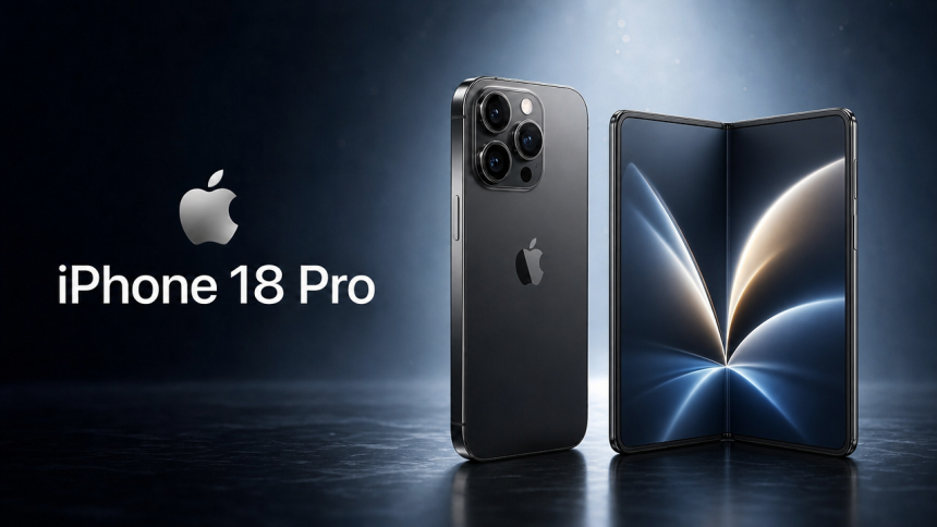 iPhone 18 Pro et iPhone Ultra pliable book-style, rendu concept titane sur fond studio sombre