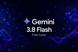 Logo Google Gemini avec le nom du modèle Gemini 3.8 Flash et sa variante Flash Cyber, fond techno sombre