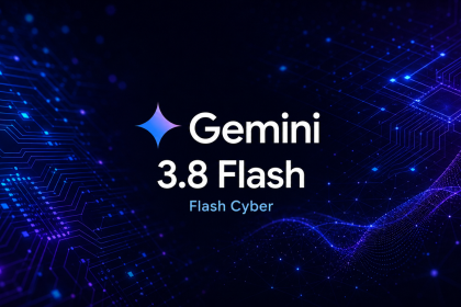 Logo Google Gemini avec le nom du modèle Gemini 3.8 Flash et sa variante Flash Cyber, fond techno sombre