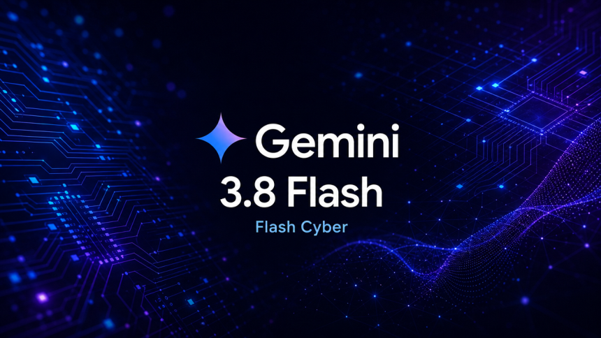 Logo Google Gemini avec le nom du modèle Gemini 3.8 Flash et sa variante Flash Cyber, fond techno sombre
