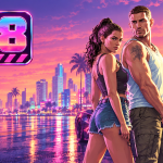 GTA 6, concept éditorial : les deux protagonistes devant la skyline pastel de Vice City au coucher du soleil, emblème de classification adulte « 18 » stylisé dans la zone vide, style peint Rockstar de la saga