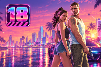 GTA 6, concept éditorial : les deux protagonistes devant la skyline pastel de Vice City au coucher du soleil, emblème de classification adulte « 18 » stylisé dans la zone vide, style peint Rockstar de la saga