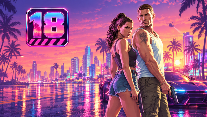 GTA 6, concept éditorial : les deux protagonistes devant la skyline pastel de Vice City au coucher du soleil, emblème de classification adulte « 18 » stylisé dans la zone vide, style peint Rockstar de la saga