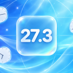 Concept iOS 27.3 : grand carré glassmorphism avec le chiffre 27.3 sur fond dégradé indigo à cyan