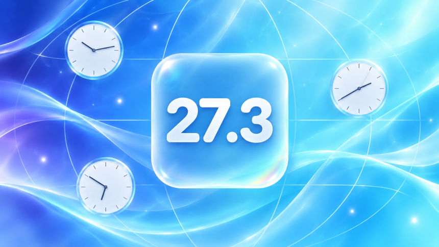 Concept iOS 27.3 : grand carré glassmorphism avec le chiffre 27.3 sur fond dégradé indigo à cyan