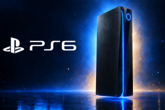 Concept design PS6, monolithe sombre, lockup logo officiel PlayStation, rendu éditorial 16:9