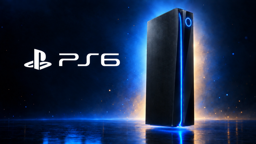 Concept design PS6, monolithe sombre, lockup logo officiel PlayStation, rendu éditorial 16:9