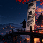 Shinobi sur un pont de bois face à un défilement de webtoon transformé en plan d'animation