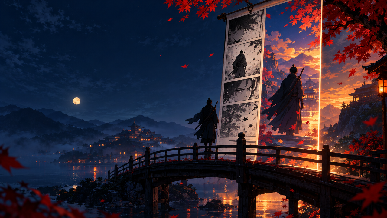 Shinobi sur un pont de bois face à un défilement de webtoon transformé en plan d'animation