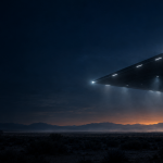 Vaisseau Triangle noir en vol stationnaire au-dessus d'un désert nocturne