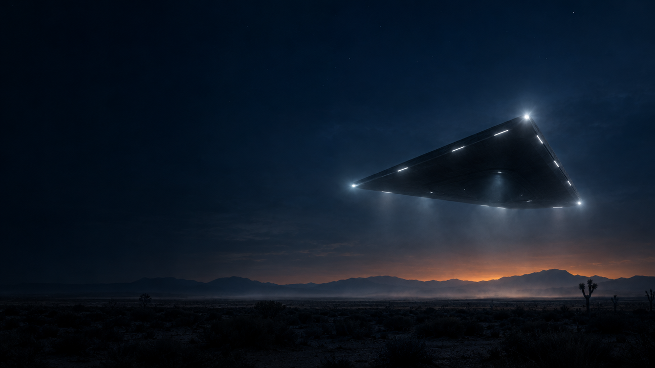Vaisseau Triangle noir en vol stationnaire au-dessus d'un désert nocturne