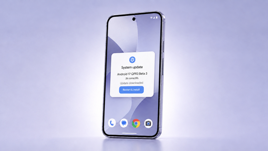 Smartphone Google Pixel affichant la boîte de dialogue de mise à jour Android 17 QPR3 Beta 3 avec 26 correctifs, concept