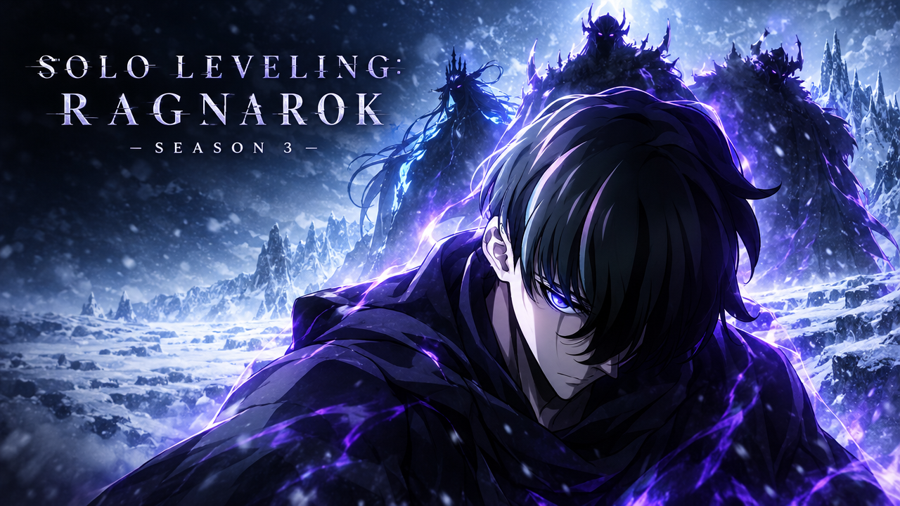 Concept de la saison 3 de Solo Leveling Ragnarok avec Sung Suho face à trois silhouettes de monarques dans un décor enneigé