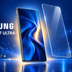 Samsung Galaxy S27 Ultra, rendu concept avec protège-écran en verre interchangeable, fond bleu nuit Samsung