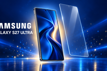Samsung Galaxy S27 Ultra, rendu concept avec protège-écran en verre interchangeable, fond bleu nuit Samsung