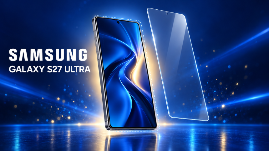 Samsung Galaxy S27 Ultra, rendu concept avec protège-écran en verre interchangeable, fond bleu nuit Samsung