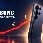 Samsung Galaxy S26 Ultra avec une courbe de prix montante et les symboles monétaires euro, livre et dollar, visuel concept des hausses de prix en Europe, au Royaume-Uni et au Canada
