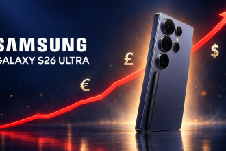 Samsung Galaxy S26 Ultra avec une courbe de prix montante et les symboles monétaires euro, livre et dollar, visuel concept des hausses de prix en Europe, au Royaume-Uni et au Canada