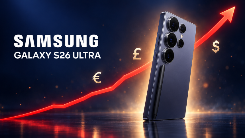 Samsung Galaxy S26 Ultra avec une courbe de prix montante et les symboles monétaires euro, livre et dollar, visuel concept des hausses de prix en Europe, au Royaume-Uni et au Canada