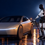 Robot humanoïde Tesla Optimus branchant un Robotaxi sur une borne Supercharger de nuit, concept illustratif