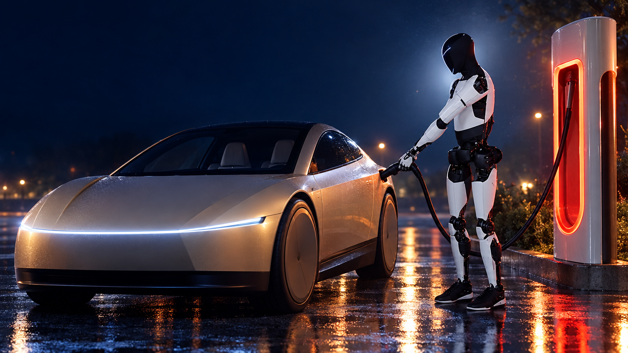 Robot humanoïde Tesla Optimus branchant un Robotaxi sur une borne Supercharger de nuit, concept illustratif