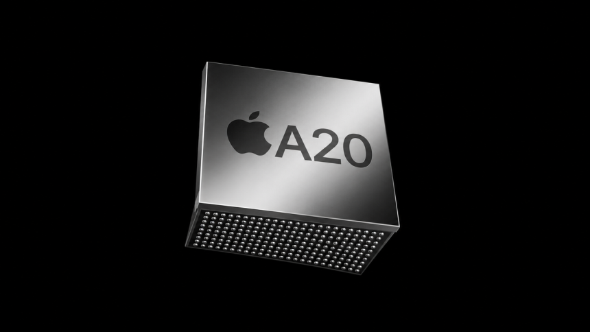 Apple A20, puce N2 2 nm du futur iPhone 18 non-Pro, rendu concept avec carte de billes visible