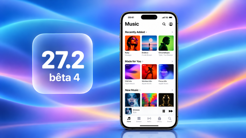 iPhone 18 Pro affichant la nouvelle interface d'Apple Music en noir et blanc avec pochettes d'albums colorées.