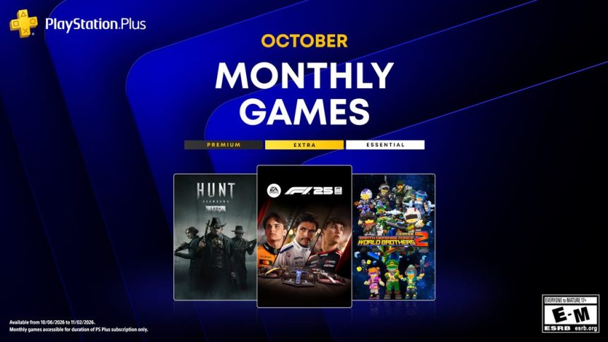 Key art officiel PlayStation Plus Monthly Games d'octobre 2026 : F1 25, Hunt: Showdown 1896 et Earth Defense Force: World Brothers 2