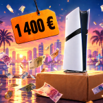 PS5 Pro posée sur un colis Amazon à 1 400 €, billets en euros qui volent devant la skyline pastel de Vice City,