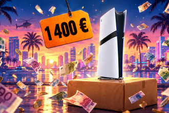 PS5 Pro posée sur un colis Amazon à 1 400 €, billets en euros qui volent devant la skyline pastel de Vice City,