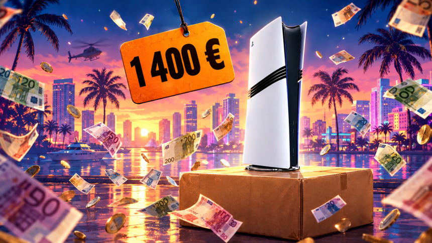 PS5 Pro posée sur un colis Amazon à 1 400 €, billets en euros qui volent devant la skyline pastel de Vice City,