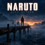 Concept affiche film Naruto live-action : ponton inachevé du Pays des Vagues dans la brume, équipe 7 en silhouettes