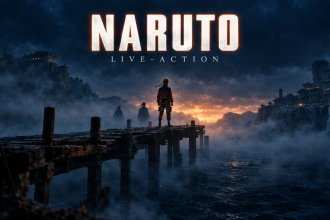 Concept affiche film Naruto live-action : ponton inachevé du Pays des Vagues dans la brume, équipe 7 en silhouettes