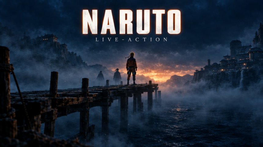 Concept affiche film Naruto live-action : ponton inachevé du Pays des Vagues dans la brume, équipe 7 en silhouettes