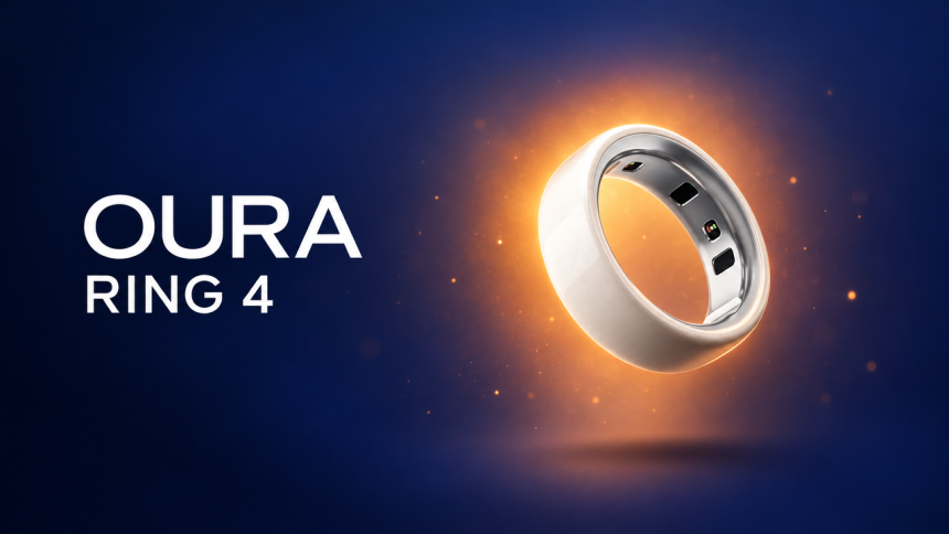 Bague connectée Oura Ring 4 en lévitation sur fond bleu nuit avec halo orange, illustration du brevet de recharge par chaleur corporelle