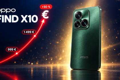 Oppo Find X10 Pro Max avec une courbe de prix montante et le symbole euro, visuel concept de la hausse des prix européens : 999 à 1 499 euros (+50 %)