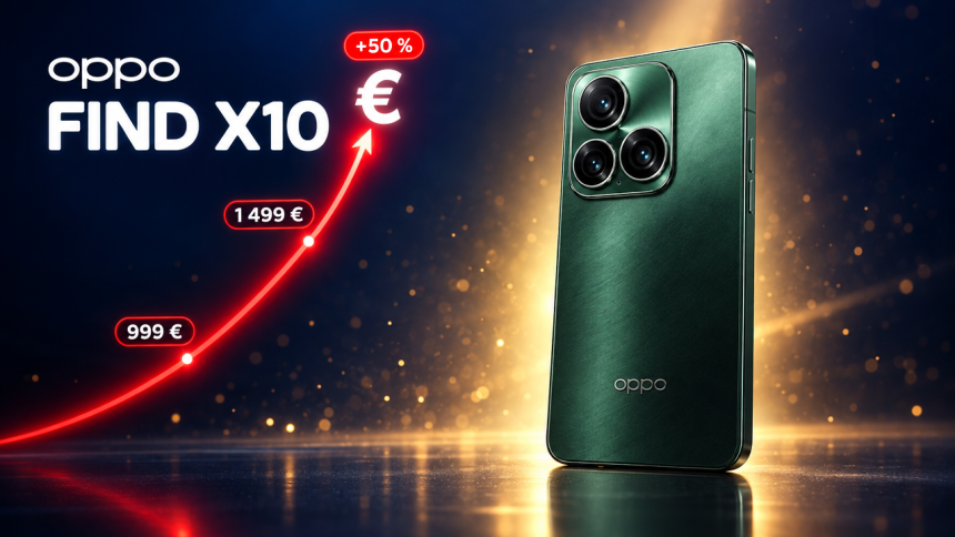 Oppo Find X10 Pro Max avec une courbe de prix montante et le symbole euro, visuel concept de la hausse des prix européens : 999 à 1 499 euros (+50 %)