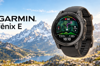 Garmin fēnix E 47 mm AMOLED, montre GPS outdoor en lévitation sur fond de montagne, visuel mise en avant