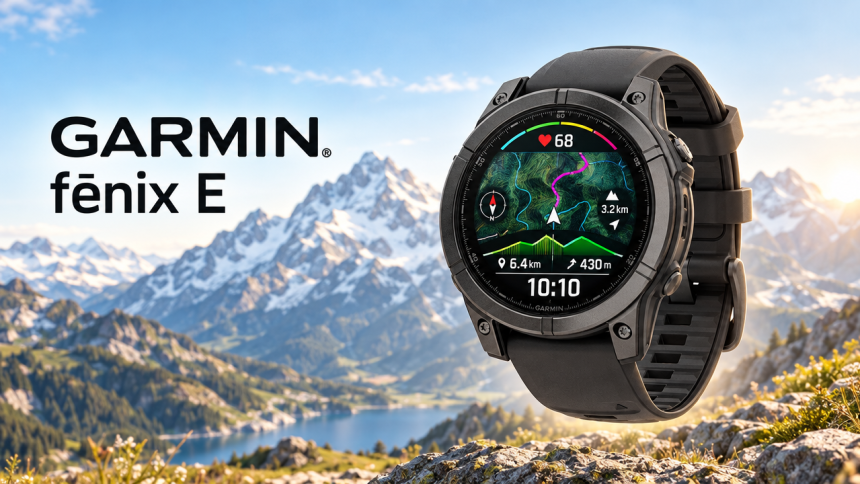 Garmin fēnix E 47 mm AMOLED, montre GPS outdoor en lévitation sur fond de montagne, visuel mise en avant