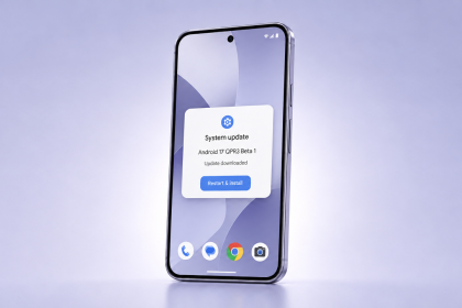 Smartphone Google Pixel affichant la boîte de dialogue de mise à jour système Android 17 QPR3 Beta 1 avec le statut Update downloaded et le bouton Restart & install, 20 correctifs et OTA sur les Pixel