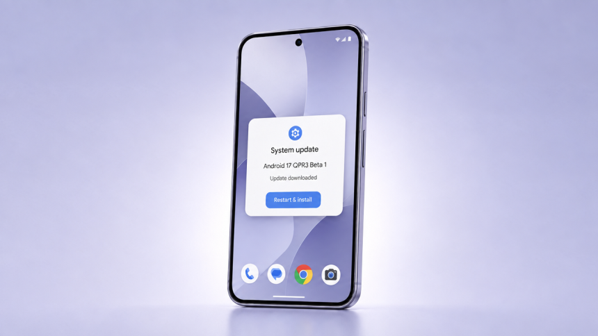 Smartphone Google Pixel affichant la boîte de dialogue de mise à jour système Android 17 QPR3 Beta 1 avec le statut Update downloaded et le bouton Restart & install, 20 correctifs et OTA sur les Pixel